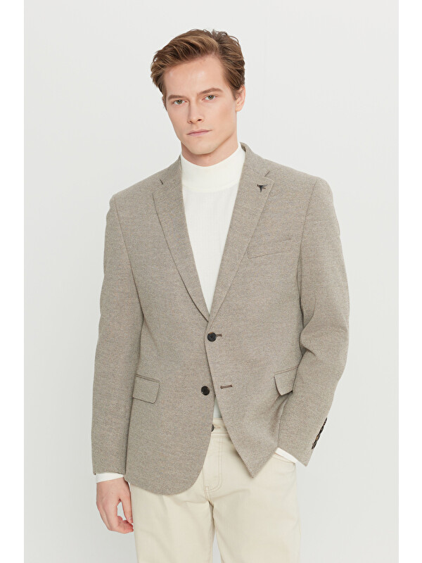 Altınyıldız Classics Erkek Bej Yünlü Regular Fit Mono Yaka Kapak Cepli Armürlü Blazer Ceket