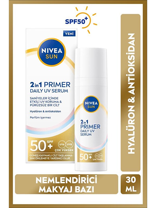 NIVEA SUN SPF50 Primer Nemlendirici Makyaj Bazı 30ml, Kusursuz,Uzun Süreli Makyaj, Hyaluron, Antioksidan