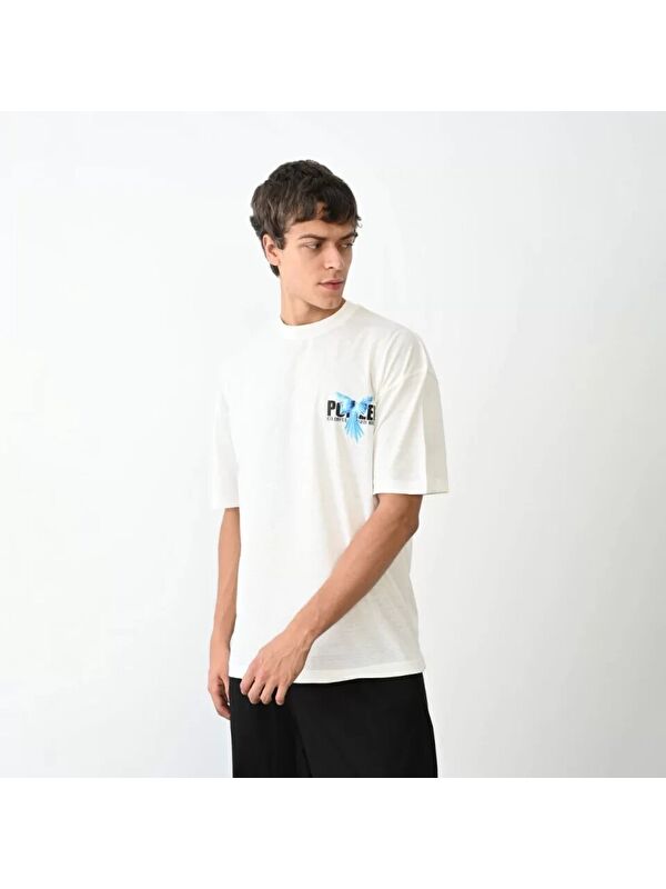 Jane's Unisex Bisiklet Yaka Baskılı Oversize T-Shirt - Beyaz