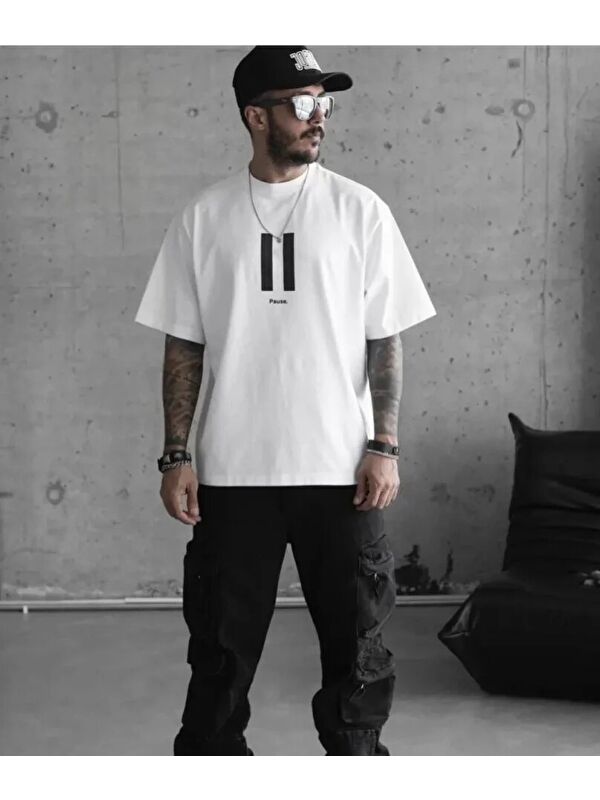 Jane's Unisex Bisiklet Yaka Baskılı Oversize T-Shirt - Beyaz