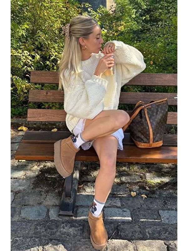Madmext Ekru Balon Kol Rahat Kesim Kadın Triko Kazak Mg2602