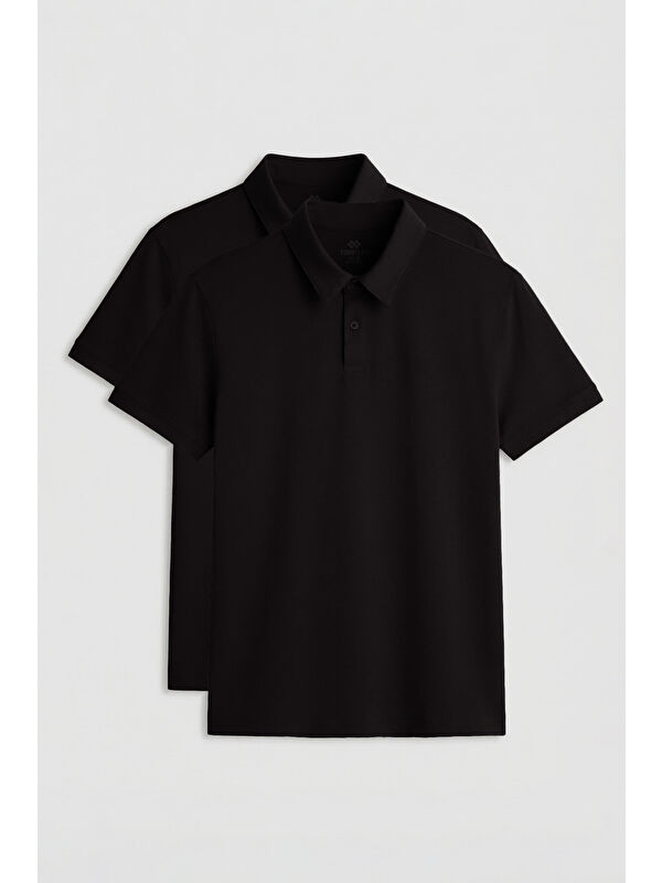 Tommylife Standart Fit Basic Polo Yaka 2li Paket Siyah Erkek T-Shirt - 87768