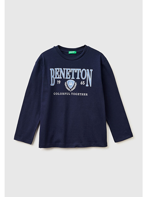 United Colors Of Benetton Erkek Çocuk Lacivert Önü Logo Baskılı Bisiklet Yaka Uzun Kollu T-Shirt