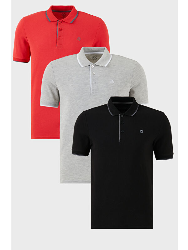 Buratti Pamuklu Slim Fit Şerit Detaylı Düğmeli Polo Yaka 3'lü Paket T Shirt 5902118S3