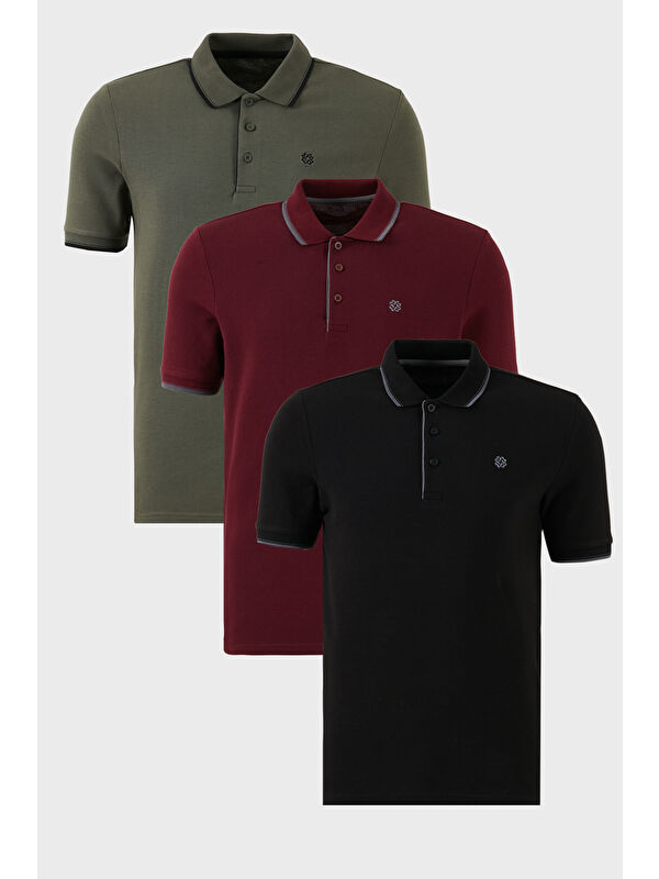 Buratti Pamuklu Slim Fit Şerit Detaylı Düğmeli Polo Yaka 3'lü Paket T Shirt 5902118S3
