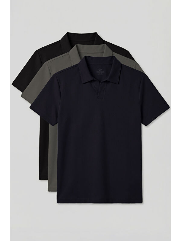 Tommylife Rahat Form Polo Yaka 3lü Paket Siyah-Haki-Lacivert Erkek T-Shirt - 88496