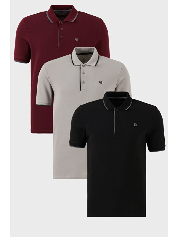 Buratti Pamuklu Slim Fit Şerit Detaylı Düğmeli Polo Yaka 3'lü Paket T Shirt 5902118S3