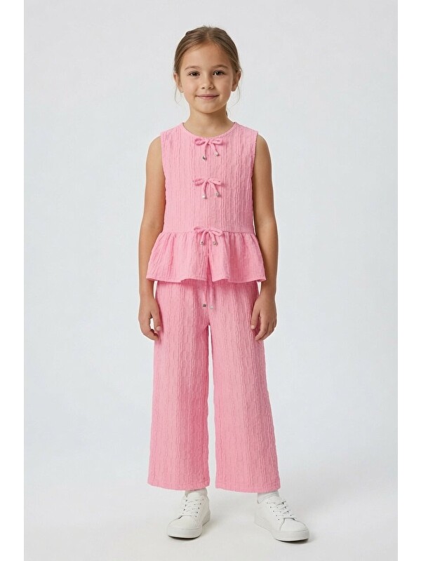 Cansın Mini Pembe Sıfır Kol Fiyonklu Bluz Geniş Paça Pantolonlu Kız Çocuk 2li Takım 24712
