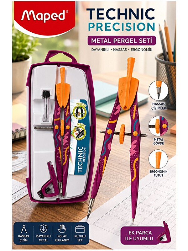 Maped Mor Metal Pergel Seti 3 Parça 1 Adet Technic 291013 Precision Profesyonel Pergel Çizim Matemat