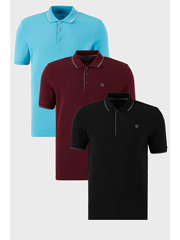 Buratti Pamuklu Slim Fit Şerit Detaylı Düğmeli Polo Yaka 3'lü Paket T Shirt 5902118S3