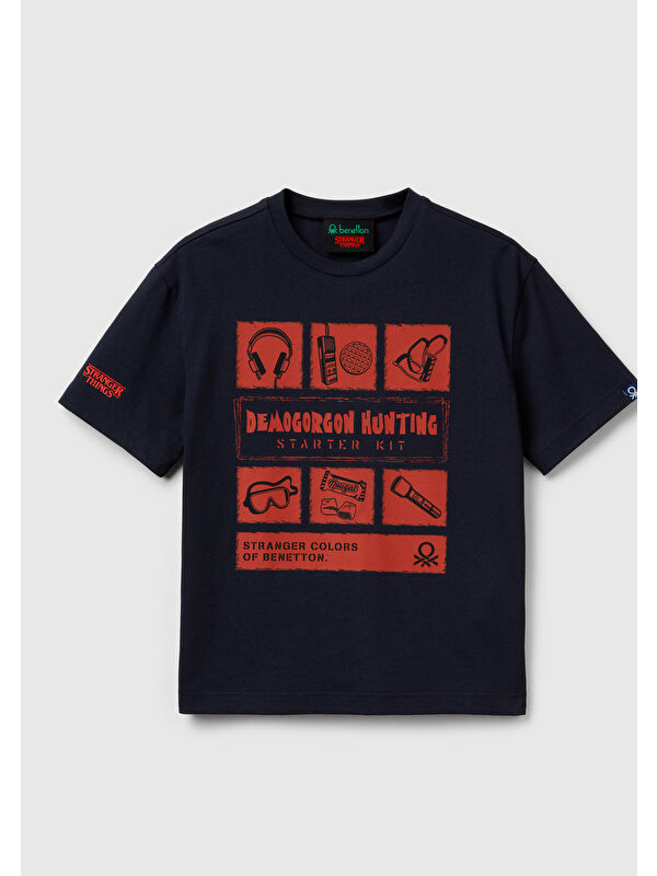 United Colors Of Benetton Erkek Çocuk Lacivert %100 Pamuk Stranger Things Ön Baskılı Kısa Kollu T-Shirt