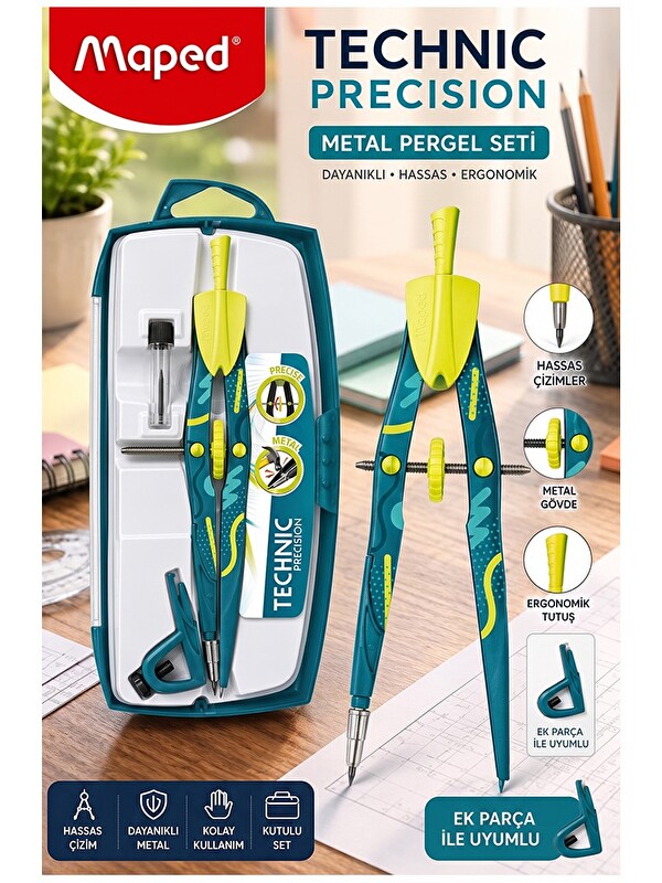Maped Yeşil Metal Pergel Seti 3 Parça 1 Adet Technic 291013 Precision Profesyonel Pergel Çizim Matem