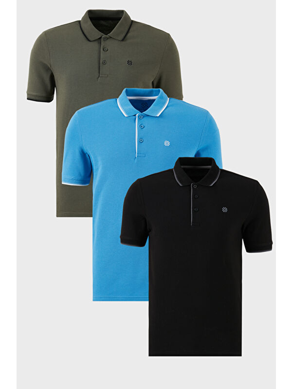 Buratti Pamuklu Slim Fit Şerit Detaylı Düğmeli Polo Yaka 3'lü Paket T Shirt 5902118S3