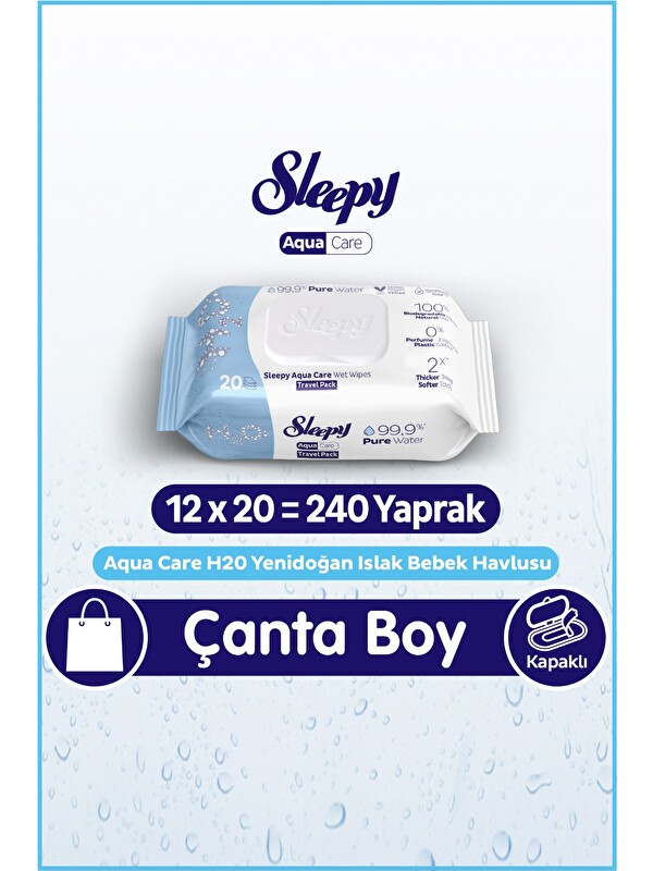 Sleepy AquaCare H2O Yenidoğan Islak Bebek Havlusu Seyahat Boy 12x20 (240 Yaprak)