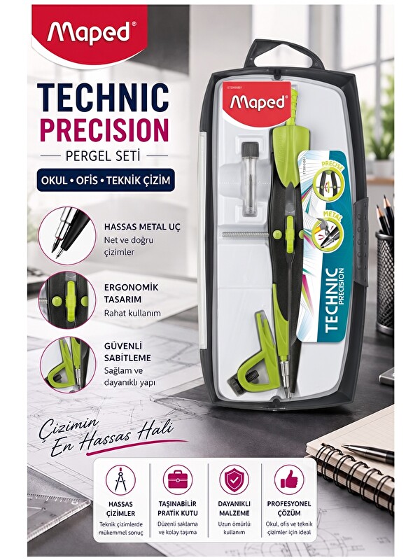 Maped Yeşil Metal Hassas Pergel Seti 3 Parça 1 Adet 291010 Technic Precision Profesyonel Pergel Proj