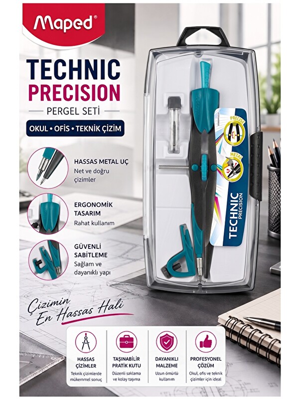 Maped Mavi Metal Hassas Pergel Seti 3 Parça 1 Adet 291010 Technic Precision Profesyonel Pergel Proje