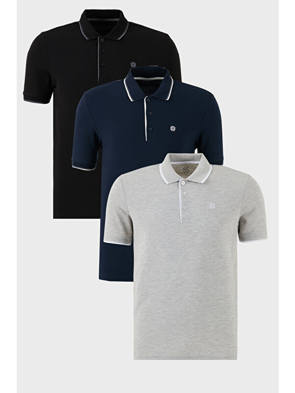 Buratti Pamuklu Slim Fit Şerit Detaylı Düğmeli Polo Yaka 3'lü Paket T Shirt 5902118S3