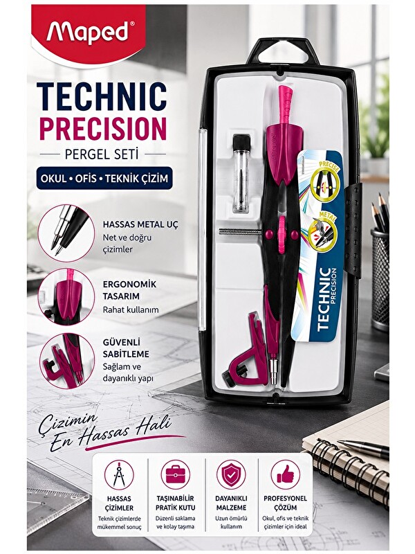 Maped Mor Metal Hassas Pergel Seti 3 Parça 1 Adet 291010 Technic Precision Profesyonel Pergel Proje