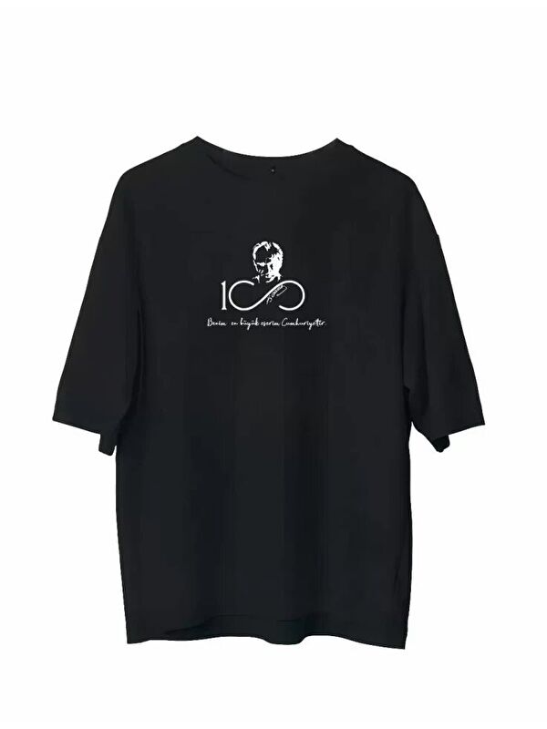 Jane's Unisex Bisiklet Yaka Baskılı Oversize T-Shirt - Siyah