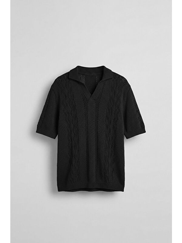 Abluka Online Erkek Oversize Yarım Pat Polo Yaka Desenli Örme T-Shirt Siyah