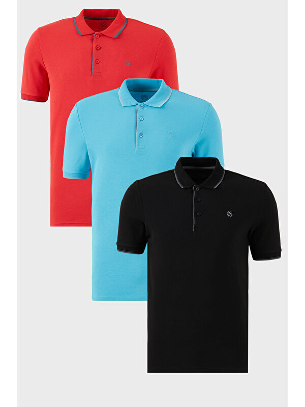Buratti Pamuklu Slim Fit Şerit Detaylı Düğmeli Polo Yaka 3'lü Paket T Shirt 5902118S3