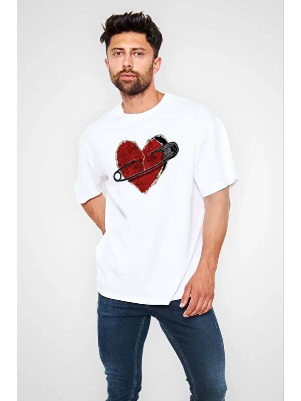 Jane's Unisex Bisiklet Yaka Baskılı Oversize T-Shirt - Beyaz