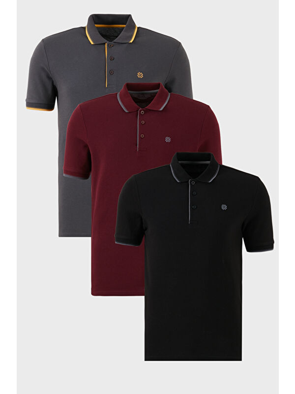 Buratti Pamuklu Slim Fit Şerit Detaylı Düğmeli Polo Yaka 3'lü Paket T Shirt 5902118S3