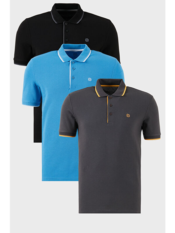 Buratti Pamuklu Slim Fit Şerit Detaylı Düğmeli Polo Yaka 3'lü Paket T Shirt 5902118S3