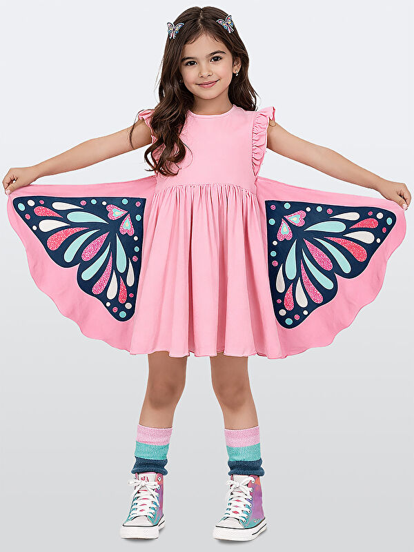 Denokids Kelebek Kol Kız Çocuk Pembe Elbise