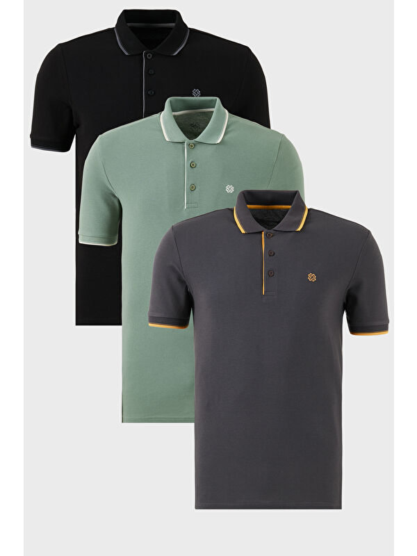 Buratti Pamuklu Slim Fit Şerit Detaylı Düğmeli Polo Yaka 3'lü Paket T Shirt 5902118S3