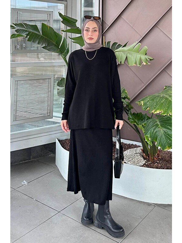 Lamelif Fitilli Triko Etekli Takım Siyah