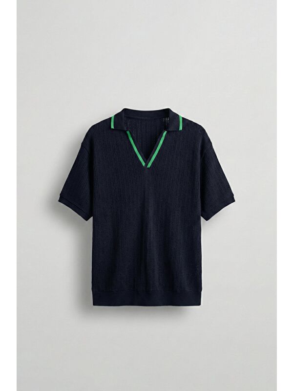 Abluka Online Erkek Yarım Pat Polo V Yaka Desenli Triko T-Shirt Lacivert Yeşil