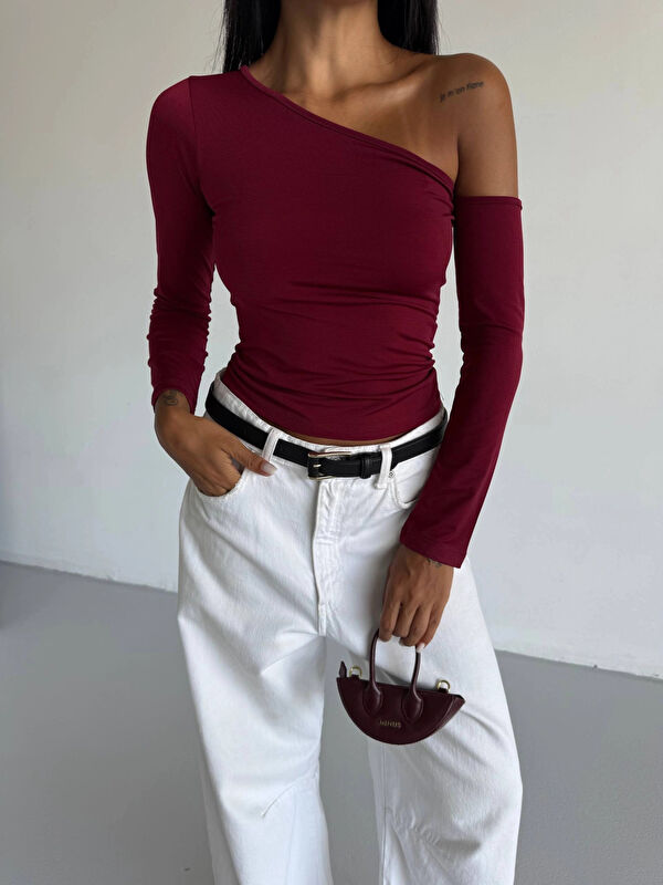 Hazelin Kadın Bordo Asimetrik Yaka Drapeli Sandy Bluz HZL25S-FRY123361