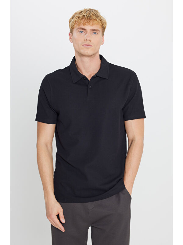 Altınyıldız Classics Erkek Siyah %100 Pamuk Slim Fit Dar Kesim Polo Yaka Jakarlı Tişört