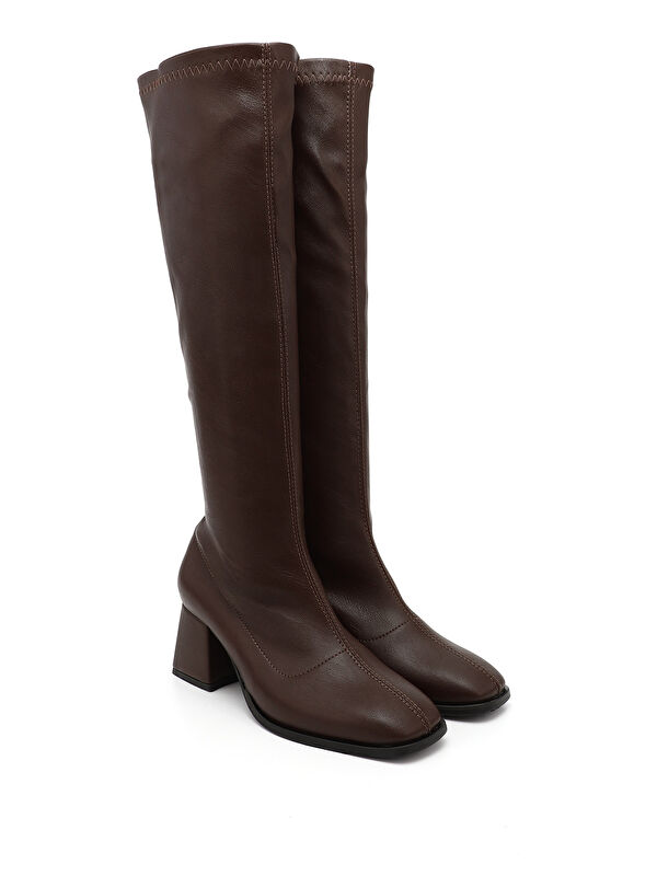 Kadın AÇIK KAHVERENGİ Deri Görünümlü Fermuarlı Kalın Topuklu Streç Çizme - Görsel 3