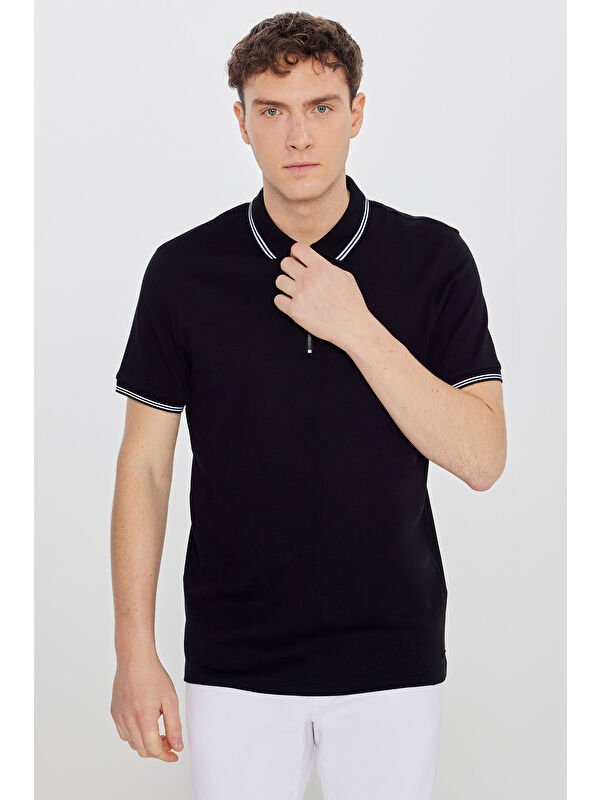 Altınyıldız Classics Erkek Siyah %100 Pamuk Slim Fit Dar Kesim Polo Yaka Tişört