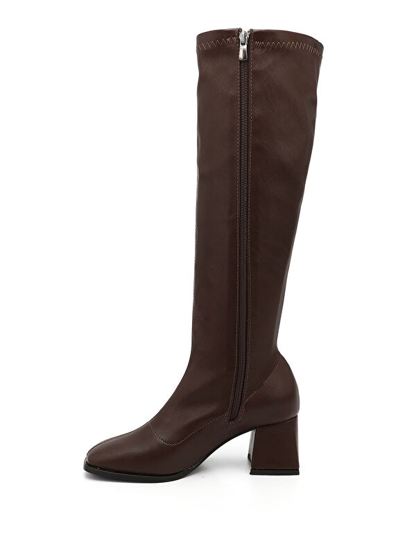 Kadın AÇIK KAHVERENGİ Deri Görünümlü Fermuarlı Kalın Topuklu Streç Çizme - Görsel 4