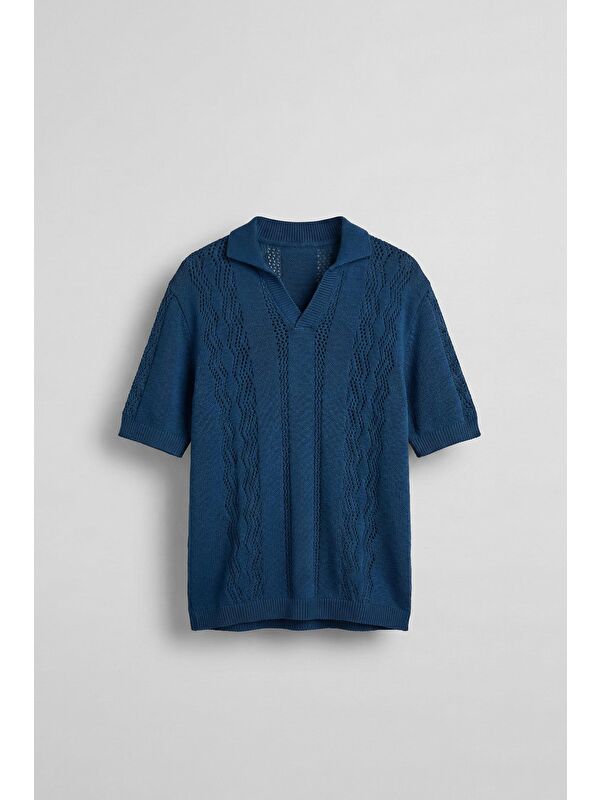 Abluka Online Erkek Oversize Yarım Pat Gömlek Yaka Desenli Örme T-Shirt Saks Mavi