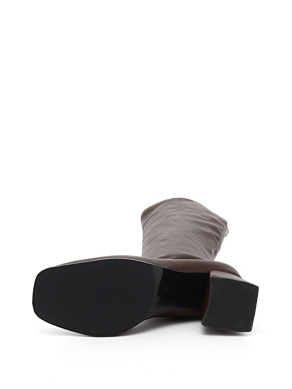 Kadın AÇIK KAHVERENGİ Deri Görünümlü Fermuarlı Kalın Topuklu Streç Çizme - Görsel 5