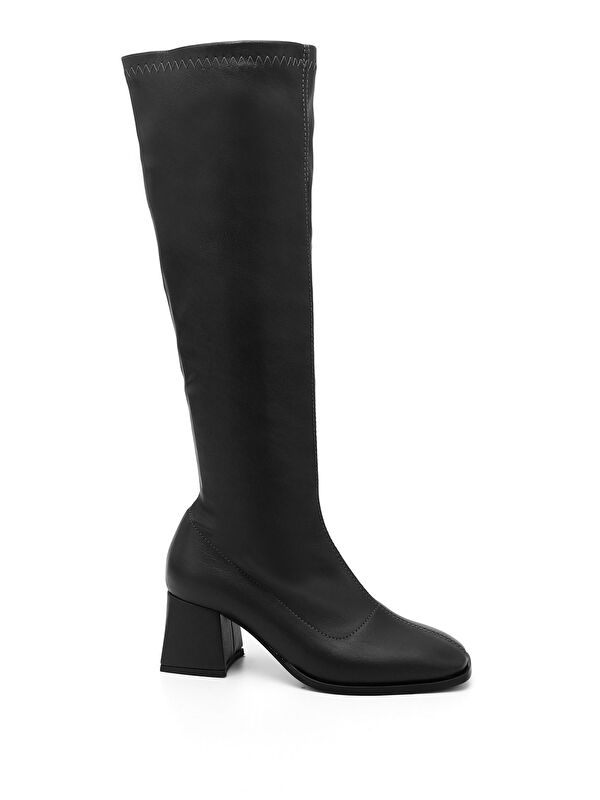 Kadın AÇIK SİYAH Deri Görünümlü Fermuarlı Kalın Topuklu Streç Çizme - Görsel 2