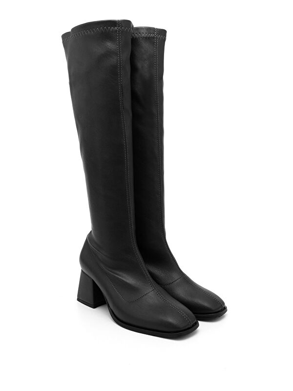 Kadın AÇIK SİYAH Deri Görünümlü Fermuarlı Kalın Topuklu Streç Çizme - Görsel 3