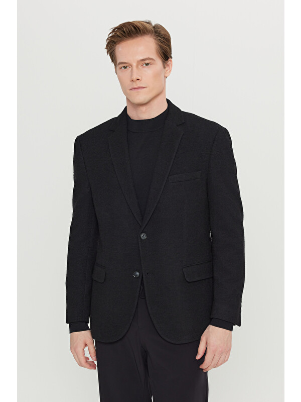 Altınyıldız Classics Erkek Siyah Yünlü Regular Fit Normal Kesim Mono Yaka Kapak Cepli Blazer Ceket