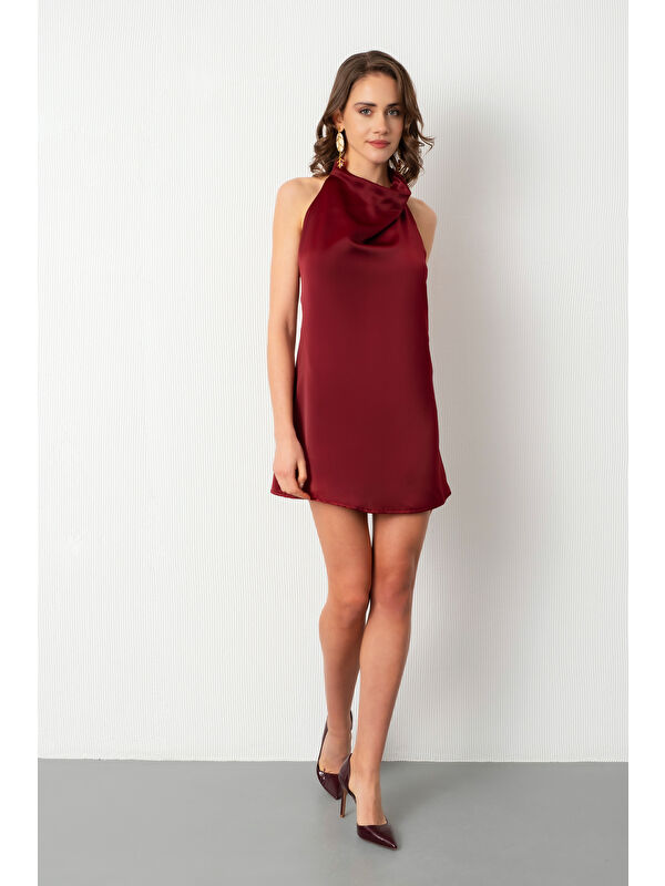 Lafaba Kadın Bordo Halter Yaka Mini Saten Abiye Elbise