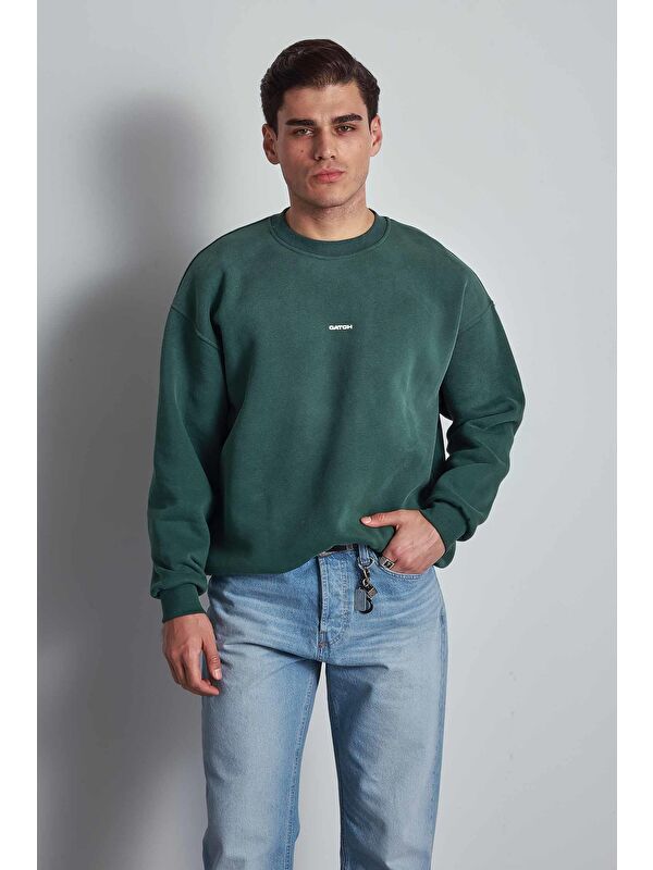 Abluka Online Erkek Rahat Kalıp Baskılı Yuvarlak Yaka Sweatshirt Yeşil