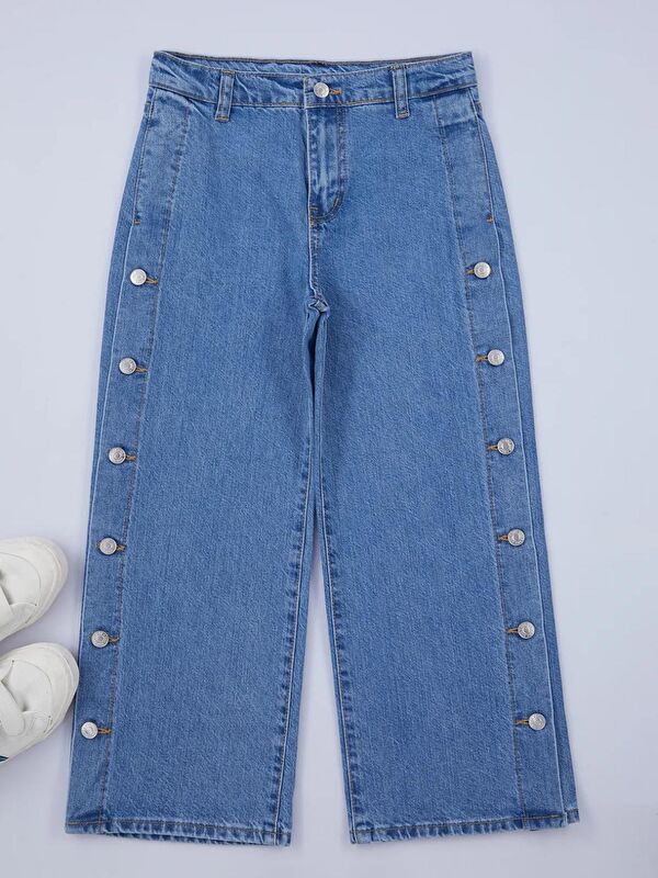 A.S.L GOLF CLUB Mavi Kız Çocuk Geniş Paça İşlemelli Denim Pantolon 6-13 YAŞ
