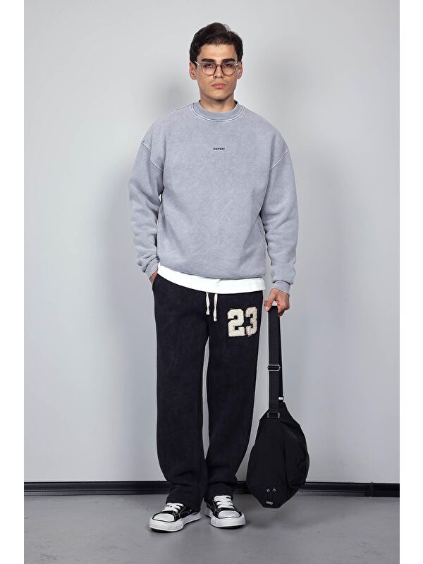 Abluka Online Erkek Rahat Kalıp Baskılı Yuvarlak Yaka Sweatshirt Gri