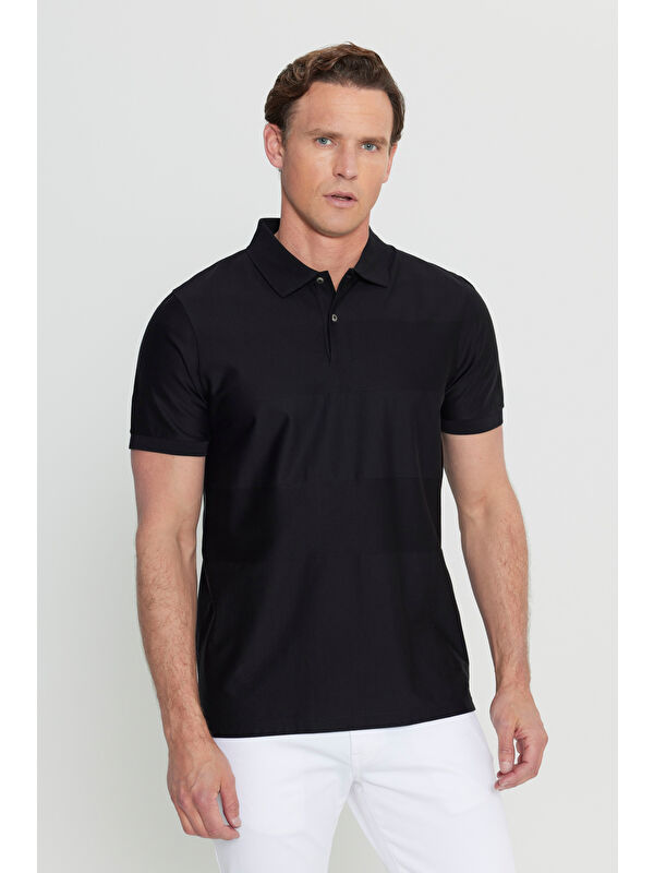 Altınyıldız Classics Erkek Siyah %100 Pamuk Slim Fit Dar Kesim Polo Yaka Jakarlı Triko Tişört
