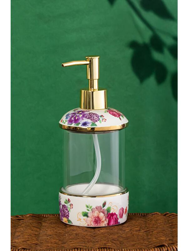Porsima 3127 Gold Kapaklı Porselen ve Cam Sıvı Sabunluk – Çiçek Desenli ve Şeffaf Tasarım 350 ml