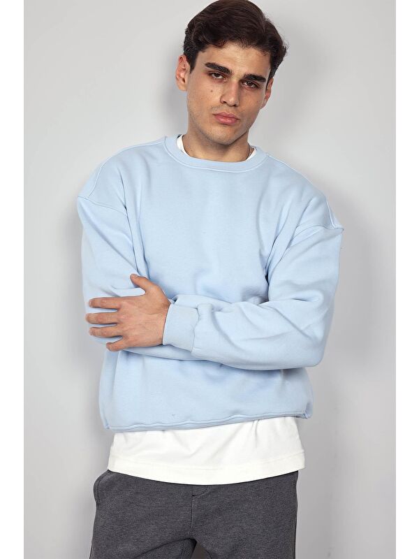 Abluka Online Erkek Oversize Bisiklet Yaka Basic Sweatshirt Açık Mavi
