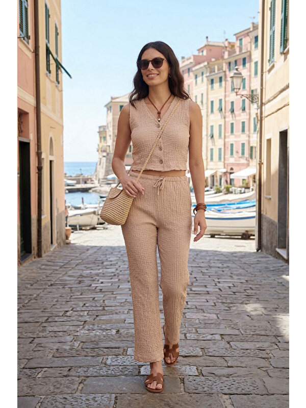 Lela Regular Fit V Yaka Yelek-Pantolon Gofre Takım 5866484